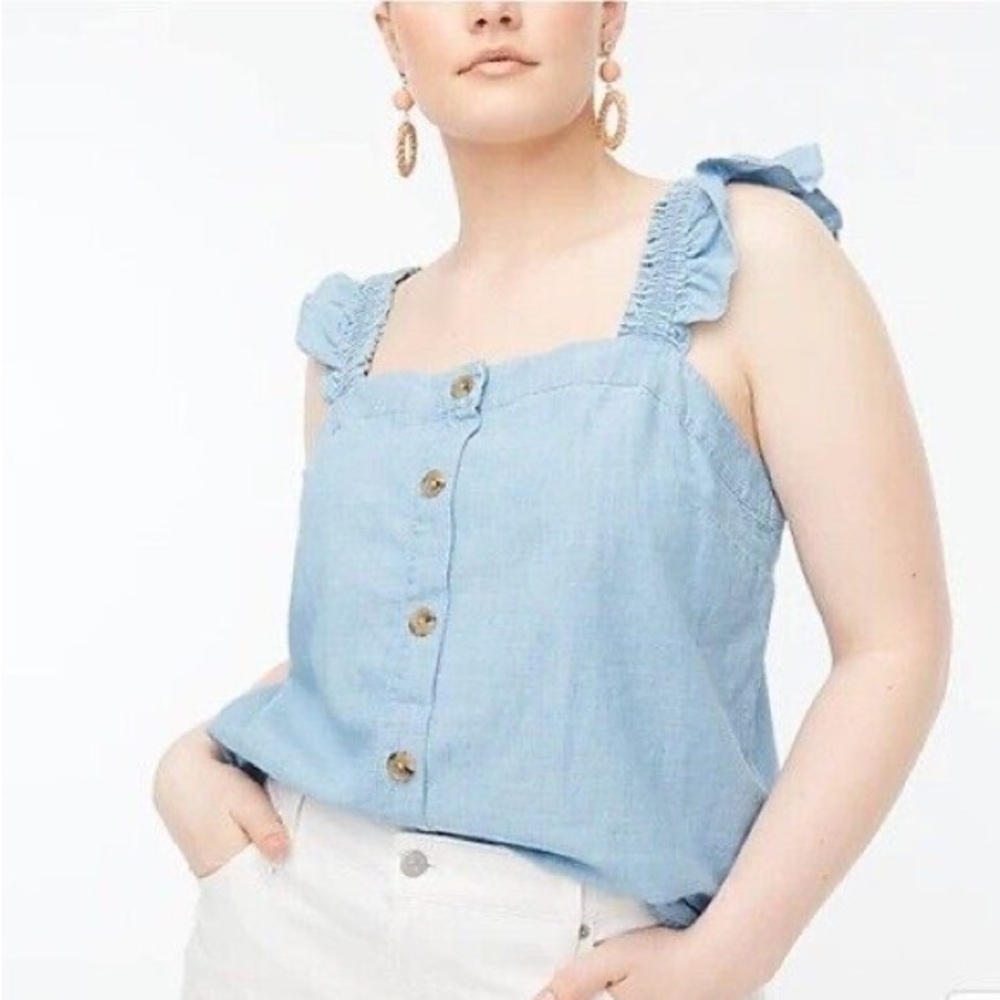 J. Crew Blue Ruffle Chambray Top